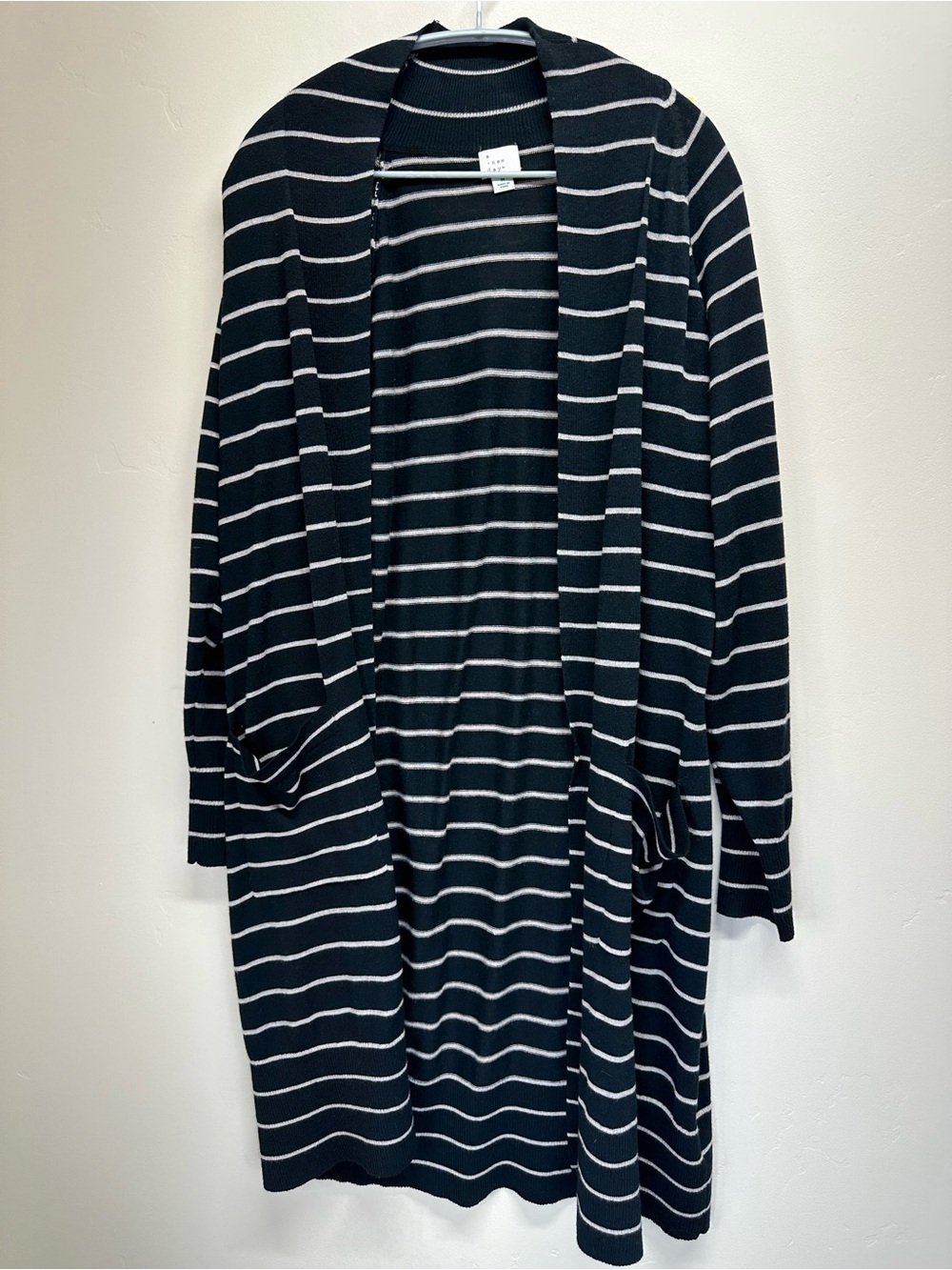 a new day Medium Black and White Striped Long Open Cardigan - P2P 26”